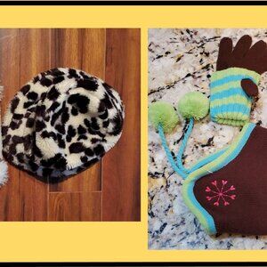 Girls Hats Gloves Muff Brown w/ Blue Stripes + Dalmation Spots Black/White